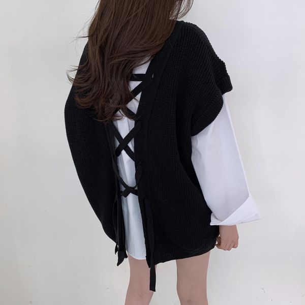 Siyah Retro Gevşek Vintage Plus Boyutu Moda kadın V Yaka Kazak Streetwear Örme Kazak Yelek 210421 Tops