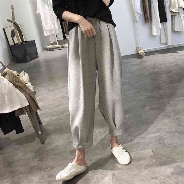 

spring autumn korea fashion women elastic waist loose gray pants all-matched casual cotton harem femme v84 210512, Black;white