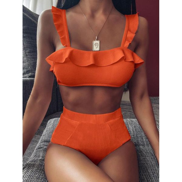 

women's swimwear 2021 orange high waist swimming suit for women push-up swimsuit biquini bathing beachwear ruffle bikini set, White;black