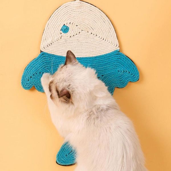 

fish shape pet cat scratch pad natural sisal non-slip scratcher toy cushion sleeping rug with hanging rope wall floor mat toys