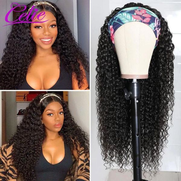 

celie hair headband wig curly human for black women 150 density glueless scarf lace front1, Black;brown