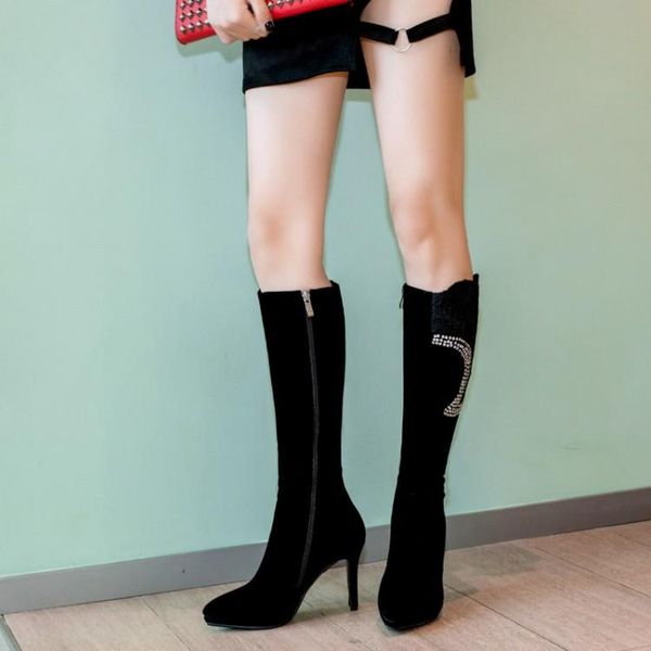 

boots big size women woman winter shoes botas water drill patchwork side zipper tip thin heel, Black