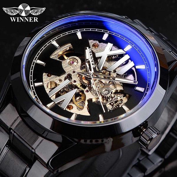 Winner Blaulicht-Glas-Skelett-Zifferblatt, automatische Uhr, schwarz leuchtend, wasserdicht, Edelstahl, mechanische Uhr, Montre Homme Q0902