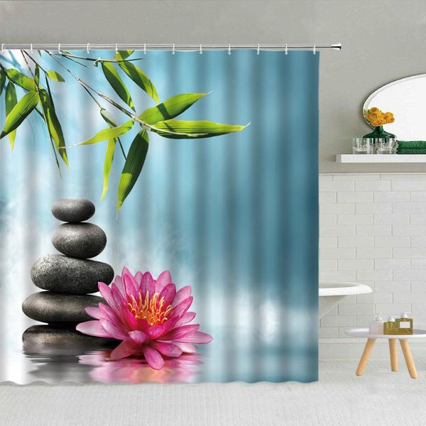 

zen stone lotus bamboo leaves water shower curtains spa yoga wall decoration bathroom decor waterproof fabric hooks curtain set