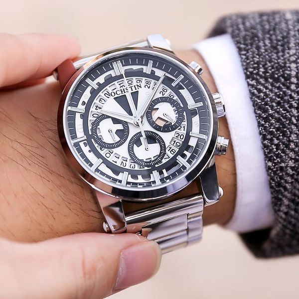

wristwatches famous luxury brand geneva fashion classic chronograph quartz watches silver stainless steel auto date business wrist wathe, Slivery;brown