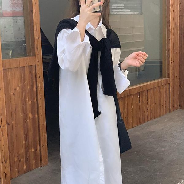 

casual dresses solid straight elegant ol work wear 2021 lapel brief sweet all match fashion retro chic women long shirts, Black;gray
