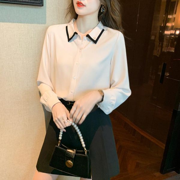 

women's blouses & shirts women 2021 spring korean lapel chiffon shirt white long sleeve button blouse female office ladies top