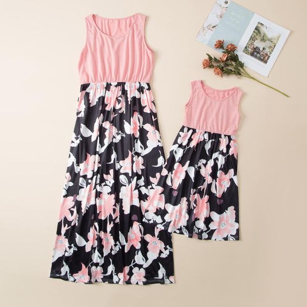 

family matching outfits parent-child mother and daughter dress stitching floral print summer, Blue