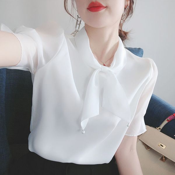 

women summer chiffon blouses shirts lady casual bow tie collar short puff sleeve chiffon blusas tunic dd9122, White