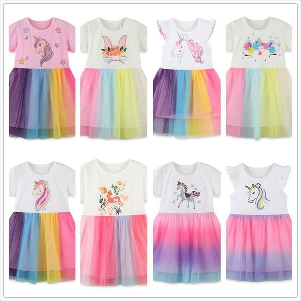 

vidmid girls rainbow clothes summer girl dress unicorn cartoon short sleeve princess childrens lace clothing 1004, Red;yellow