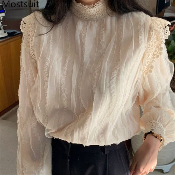 

lace patchwork elegant blouses shirts women full sleeve stand collar korean vintage female spring blusas mujer 210518, White