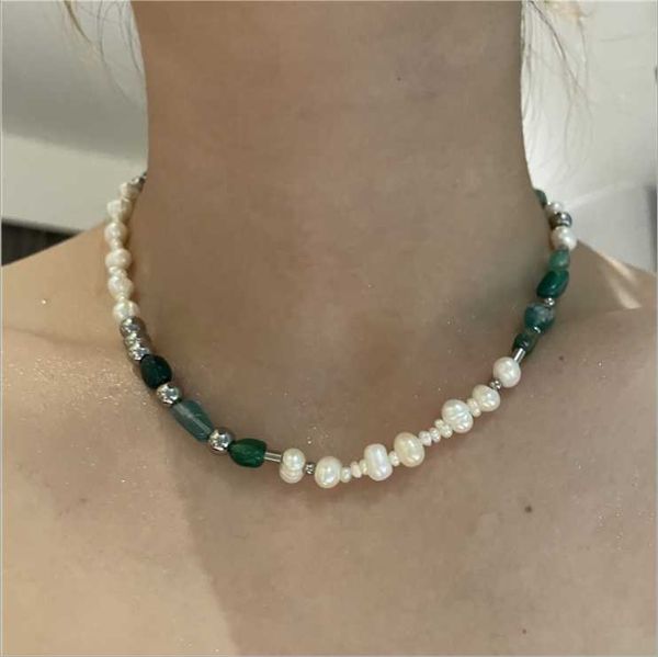 

chains sweet cool ins wind couple clavicle chain simple short green tourmaline stone pearl necklace, Silver