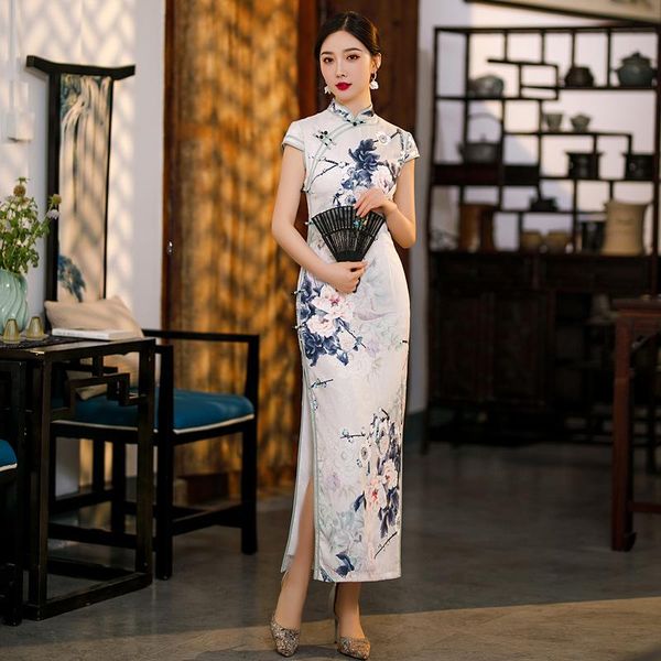 

ethnic clothing vintage flower printed qipao for women slim split satin chinese dresses elegant classic traditional cheongsams party go, Red