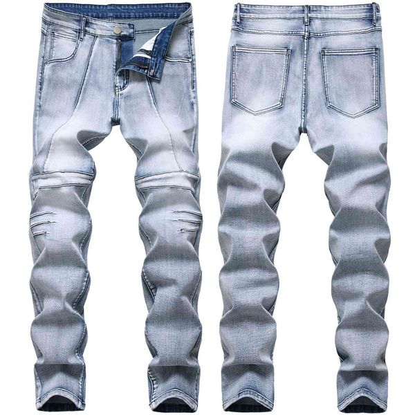 

men's jeans mens slim fit light blue elastic all season zipped euroean wind biker pants street 09tq