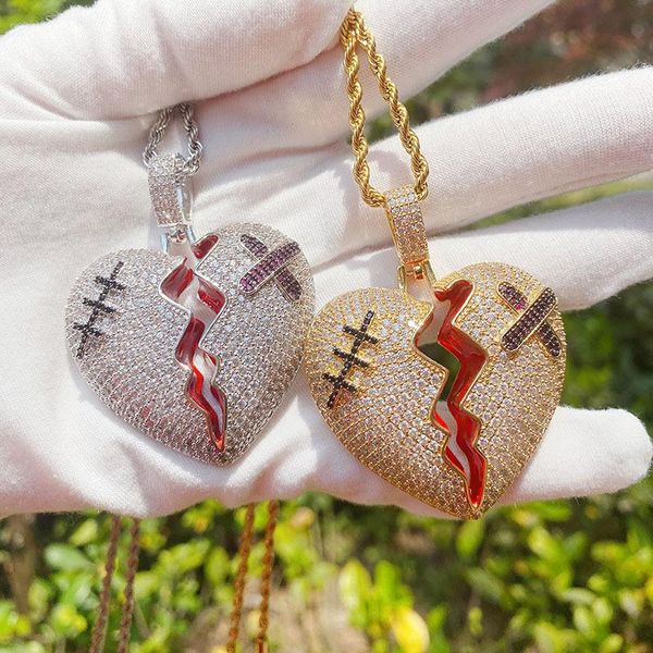 

chokers fashion zircon rhinestone broken heart pendant necklaces for women men hip hop gold silver color iced out chain necklace jewelry, Golden;silver