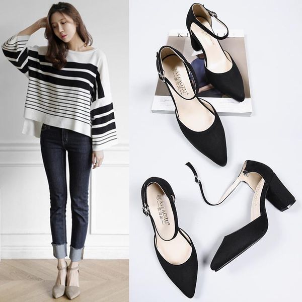 

dress shoes autumn style fine heel pointed fashion suede high heels, Black