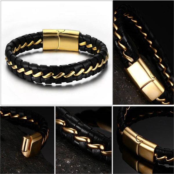 

link, chain leather bracelet men stainless steel gold black male accessories fashion boyfriend gift for