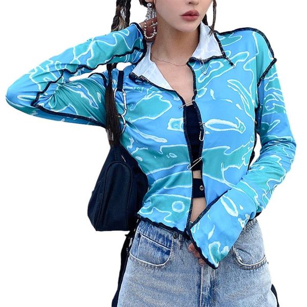 

women's t-shirt women\u2021s casual long-sleeved cardigan personality camouflage stand collar pin buckle exposed navel, White
