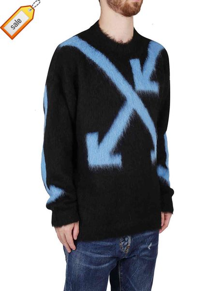 

correct winter autumn 2021 version new fashion brand off style black blue geometric arrow knitted mohair men's and women's sweater, White;black
