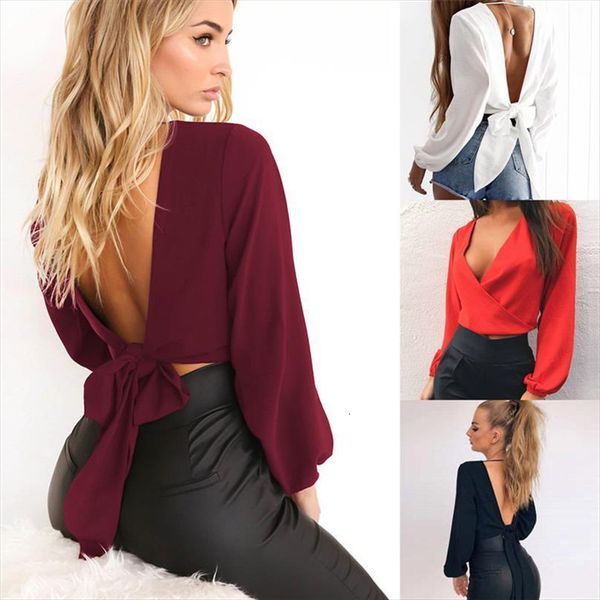 

v neck wrap womens shirt sheath exposed navel short bow tie spring shirts chiffon women blouses backless red white