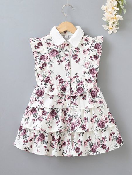 

girls floral print ruffle trim layered hem dress she, Red;yellow