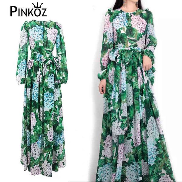 Frühling Runway Maxikleid Damen Langarm Casual Bohemian Party Urlaub Grüne Blätter Blumen bedruckt 210421