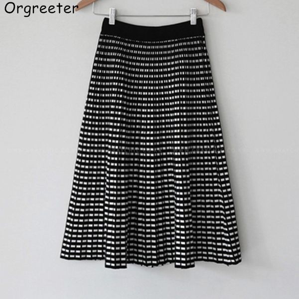 

winter autumn women knitted long midi skirts high waist plaid thick saia faldas female a-line skirt 210525, Black