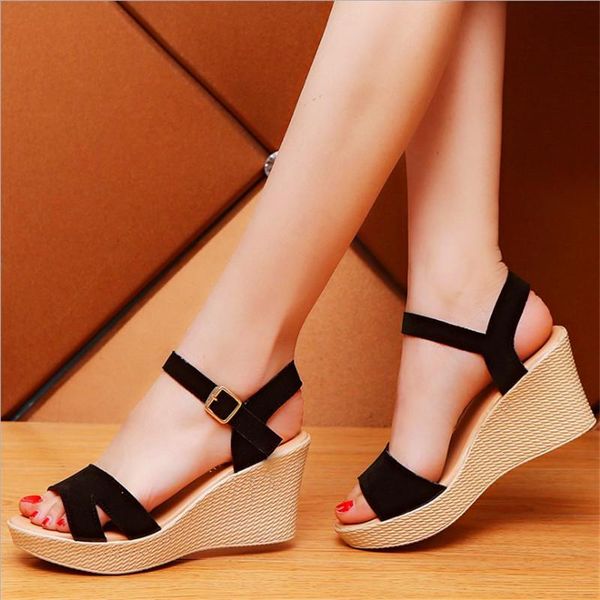 

sandals size 35-39 women 2021 summer open toe fish head fashion platform high heels wedge female shoes woman, Black