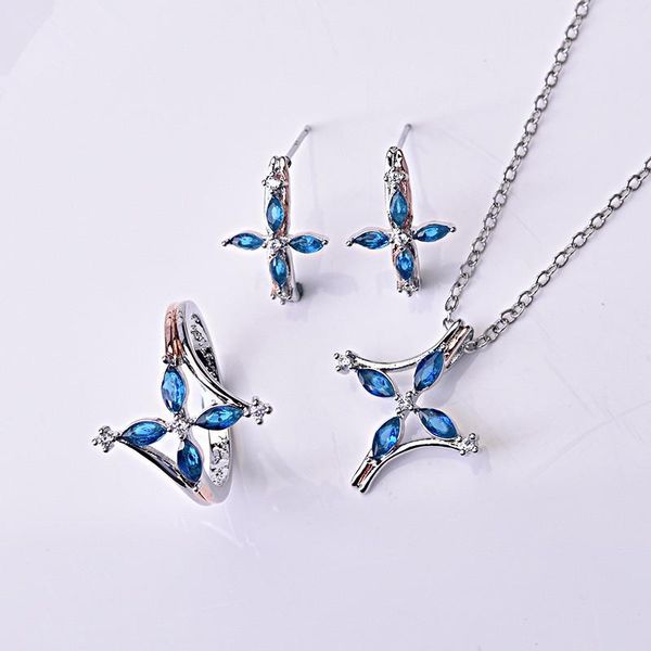 

earrings & necklace trendy crystal blue cross party accessories silver plated ring set for women jewelry rose gold female gift
