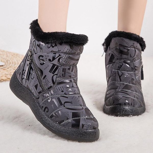 

boots women 2021 fashion waterproof winter shoes for snow zipper low heels ankle plus size, Black