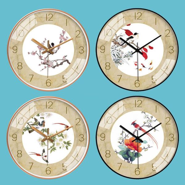 

[10 12 inches] chinese style bird wall clock glass mute hanging watch home art decoration clocks