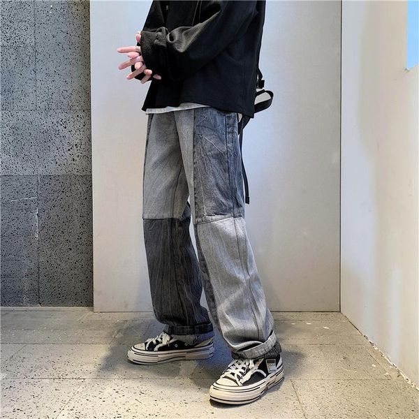 

men's jeans men patchwork straight wide leg loose plus size streetwear students hip hop vintage all-match fashion daily, Blue