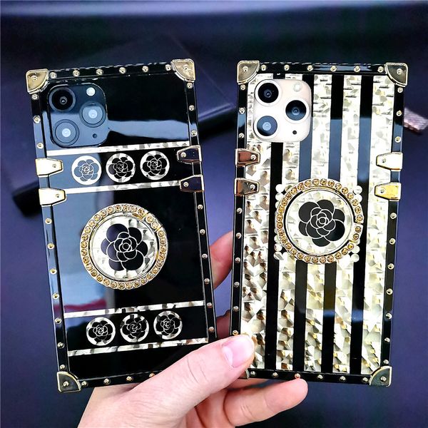 Moda Luxo Glitter Gold Square Case para iPhone 12 11 x Xs Max XR 7 8P Black Rose Cover para Samsung Note20ulttra S21 S20 Ultra S10