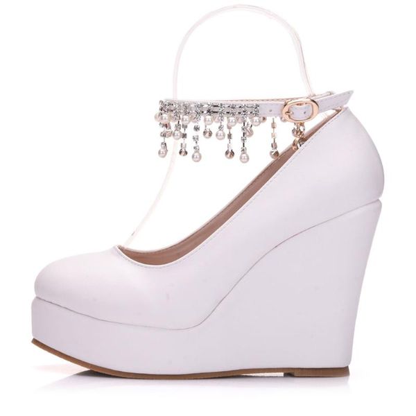 

dress shoes jaycosin 2021 fashion white woman heel women lace flower crystal a word strap large size platform wedding wedges, Black