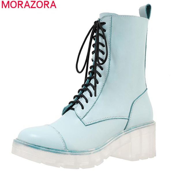 

boots morazora 2021 big size 33-42 genuine leather thick heels round toe ankle fashion lace up ladies footwear for woman, Black