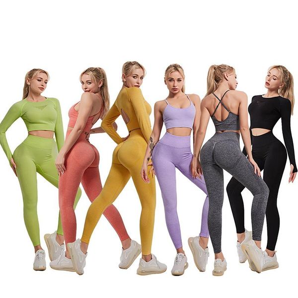 

yoga outfit ladies sports suit high waist hips leggings pants bra long sleeve cycling gym fitness 3-piece set 6 colors