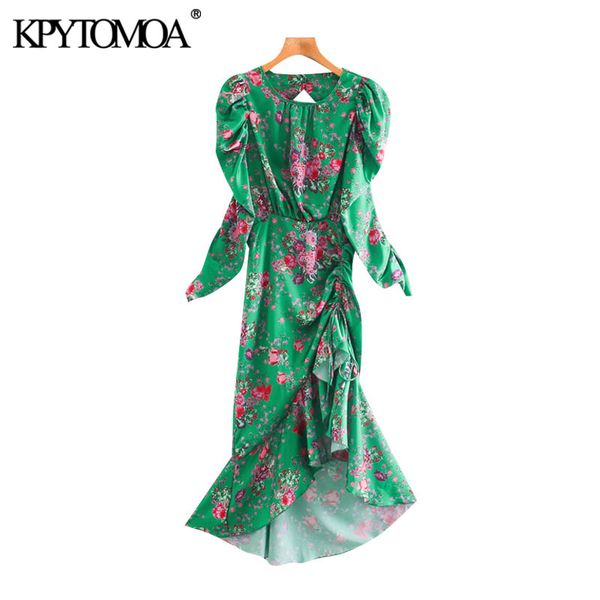 

kpytomoa women 2021 fashion floral print pleated asymmetrical midi dress vintage backless zipper ruffled female dresses mujer, Black;gray