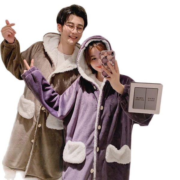 

couple nightgown flannel cute fluffy robe cardigan button pocket hooded sleepwear thick warm fashion homewear pyjamas korean women's, Black;red