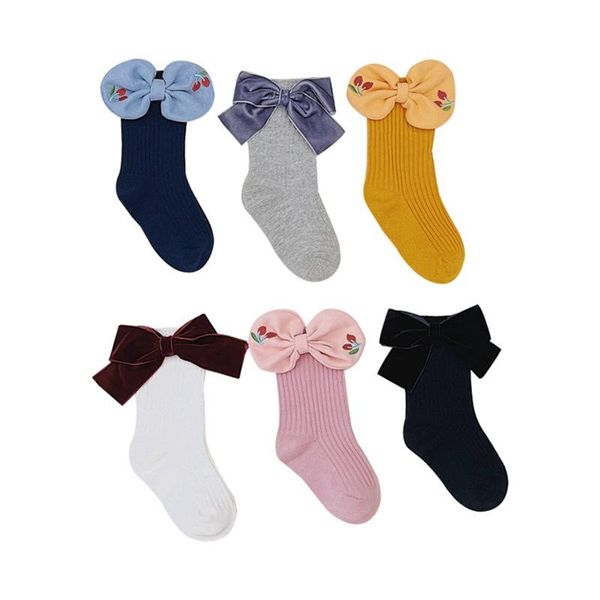 

socks 2 pairs of with cartoon cute solid color bows for girls aged 1-9, Pink;yellow