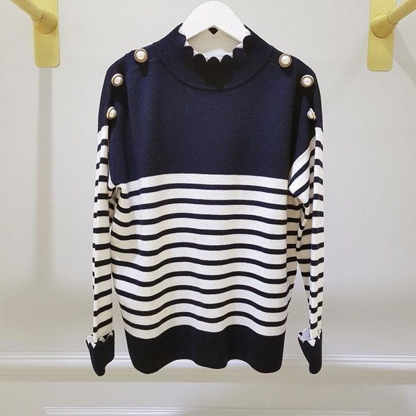 

autumn winter striped women knitted sweater double-layered wave o-neck ladies sleeve sides pearl buckle pullover female slim women's sw, White;black