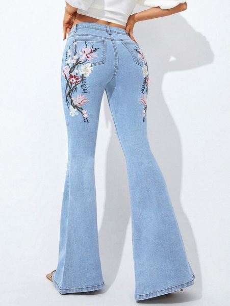 

floral embroidery flare leg jeans g4y2#, Blue