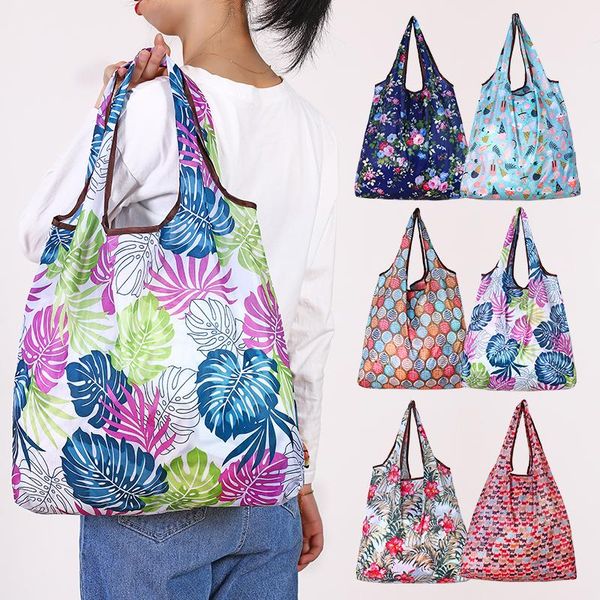 

women flower printing grocery shopping bags washable and reusable eco-friendly shopper shoulder tote folding waterproof handbags storage