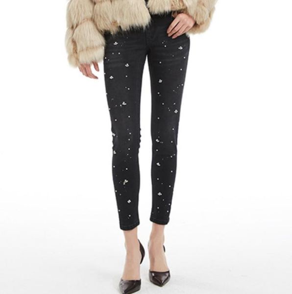 

women's jeans women pants skinny pearl beaded autumn mid waist ankle length, Blue
