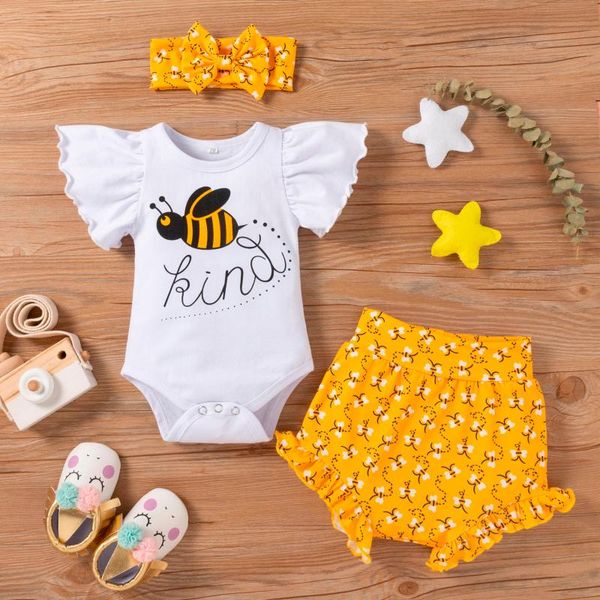

clothing sets summer baby girl clothes set cut 2021 toddler ruffle bee print cute bow comfortable three-piece suit, White