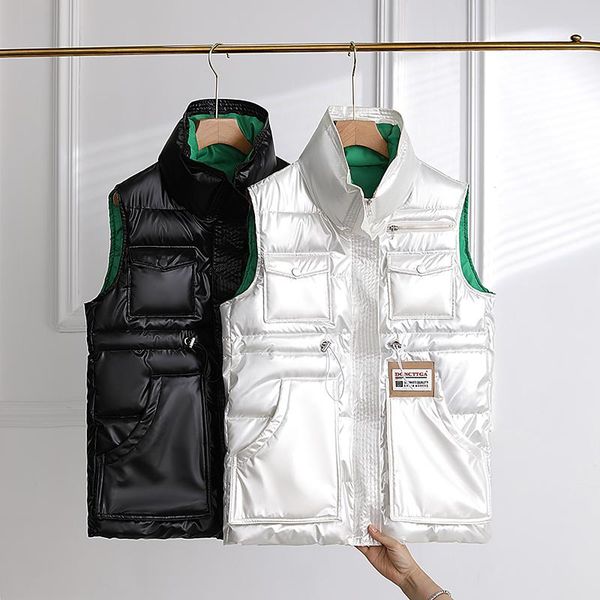 

women's vests 2021 winter warm short vest women stand collar glossy windproof solid waistcoat female coat sleeveless waistcoats, Black;white