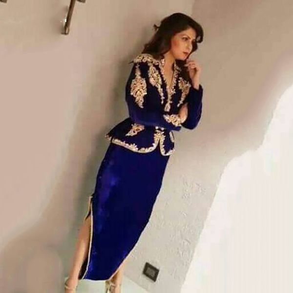 

royal blue karakou algerian caftan evening dresses velvet long sleeve 3 peices detachable belt dubai prom party gowns, Black;red