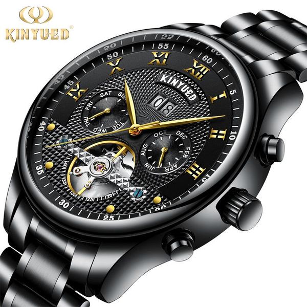 

wristwatches kinyued tourbillon skeleton men sport watches solid stainless steel men's automatic mechanical watch luxury male calendar, Slivery;brown