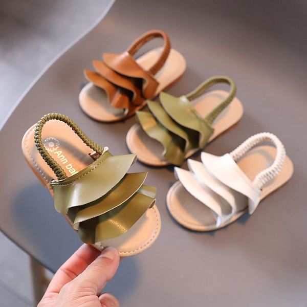 

slipper 2021 summer girl shoes fashion ruffle design baby sandals solid color children open toe princess elastic band beach, Black;grey