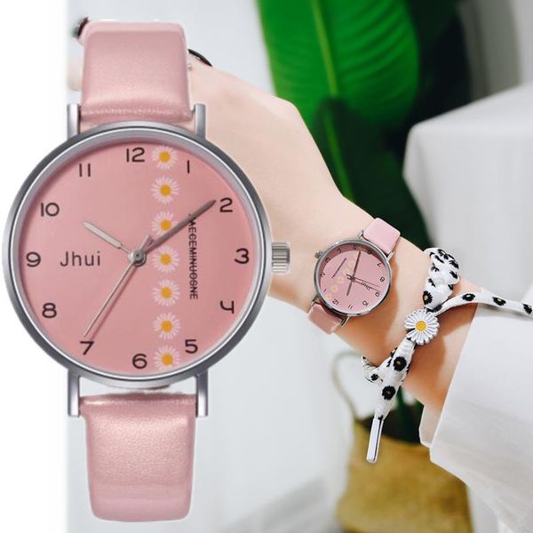 

wristwatches woman's watch daisy flowers bracelet set ladies watches girls pink fashion leather wristwatch cute women clock sale montre, Slivery;brown