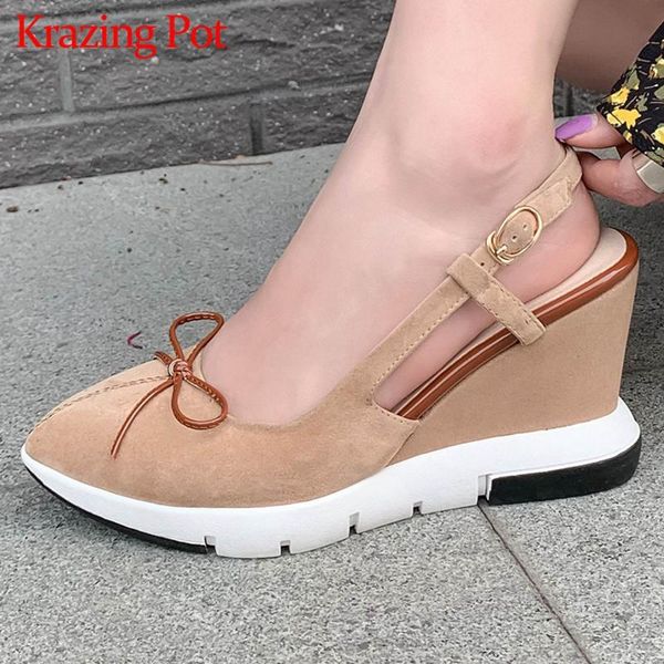 

krazing pot sheep suede pointed toe super high heels wedges butterfly-knot young lady shallow buckle strap sandals women l01, Black